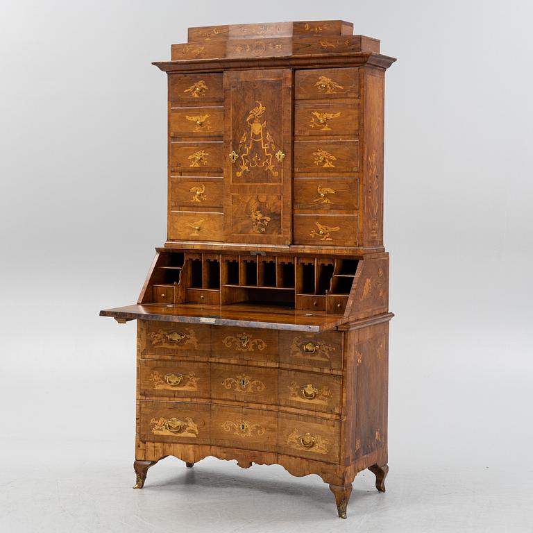 A Baroque marquetry and pewter-inlay cabinet, presumably German, first part of the 18th century.