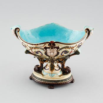 A majolica vase, a flower pot and a jardiniere from Rörstrand, around the year 1900.