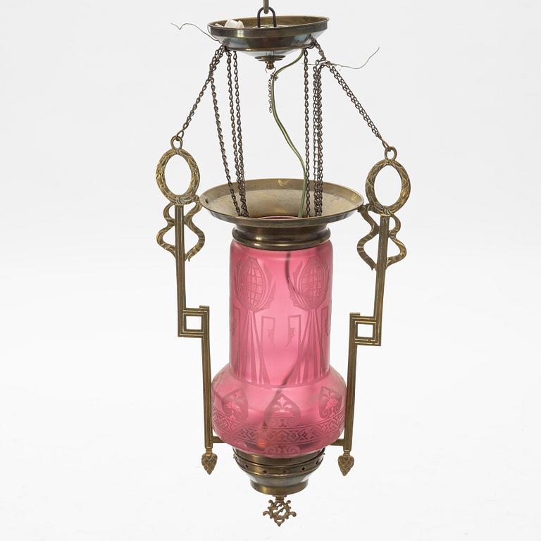 A glass ceiling lamp, around 1900.