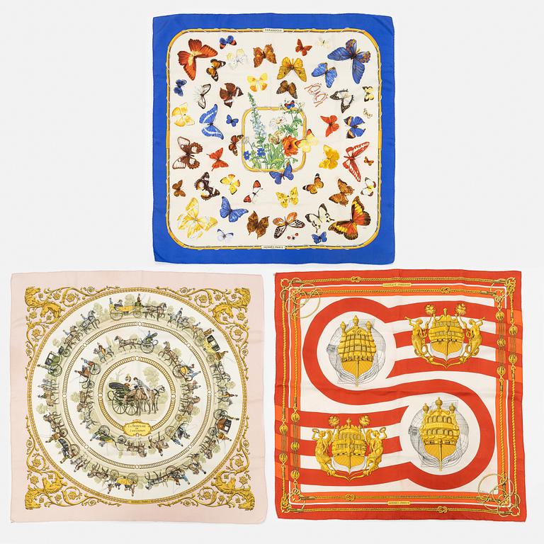 Hermès, three silk scarves.