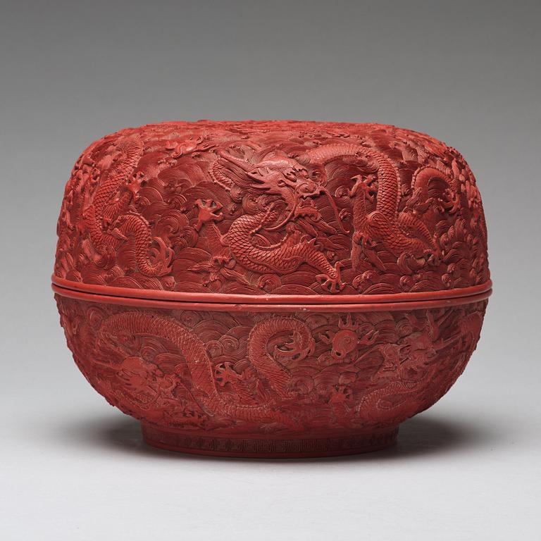 A carved red dragon box with cover, Qing dynasty (1662-1912).