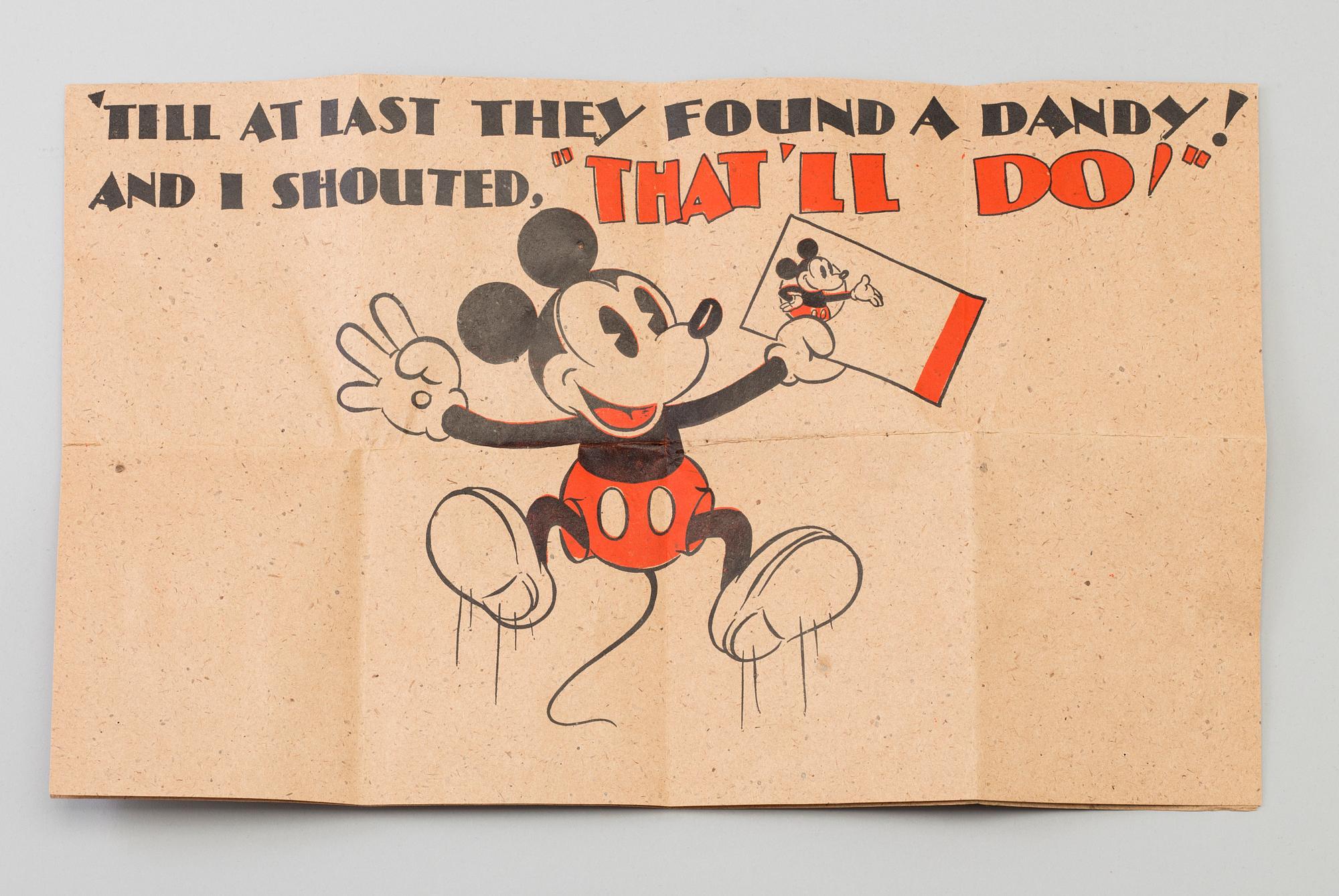 a Mickey Mouse wooden figure and a borthday card, Ringqvists Tryckeri och kartongfabrik, Norrköping 1946.