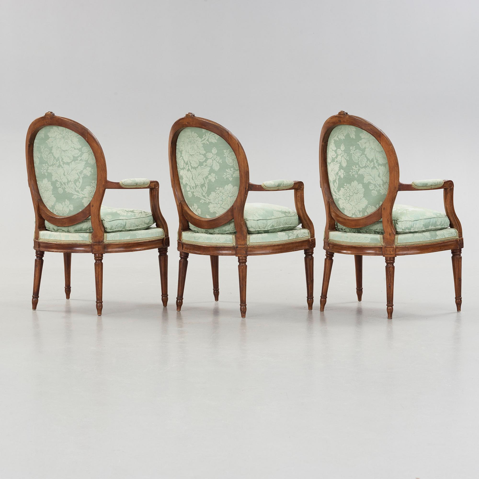 Three Gustavian late 18th century armchairs by Johan Hammarström, master 1794.