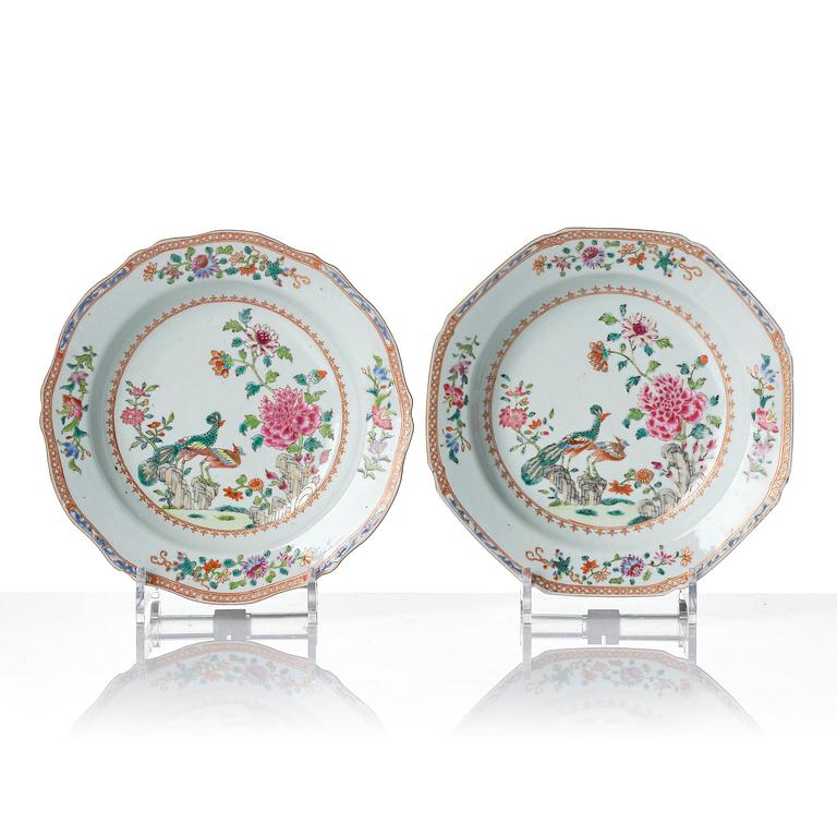 A set of six famille rose 'double peacock' soup dishes, Qing dynasty, Qianlong (1736-95).
