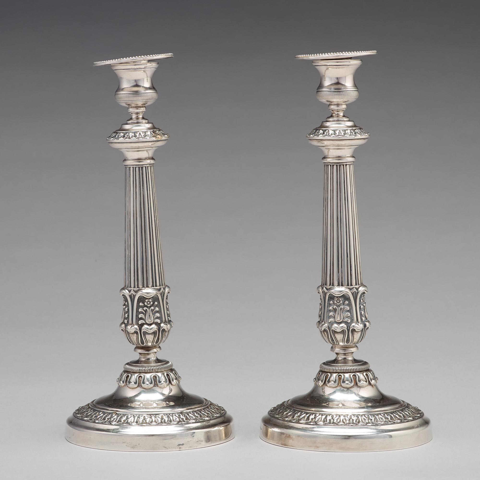 Adolf Zethelius, ljusstakar, ett par, silver, Stockholm 1838. Empire.