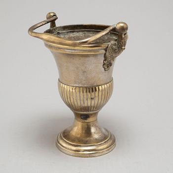 AN 18TH CENTURY SILVERED BRONZE HOLY WATER BOWL.