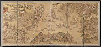 VIKSKÄRM, sex delar, tusch och akvarell på papper. Okänd Japansk konstnär, troligen 1600-tal.
