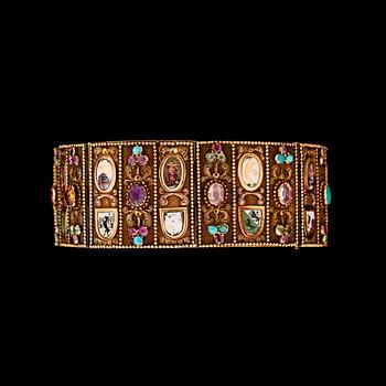 900. ARMBAND, emaljarbete med rubin, turkos, peridot, citrin och ametist. 1800-talets mitt.