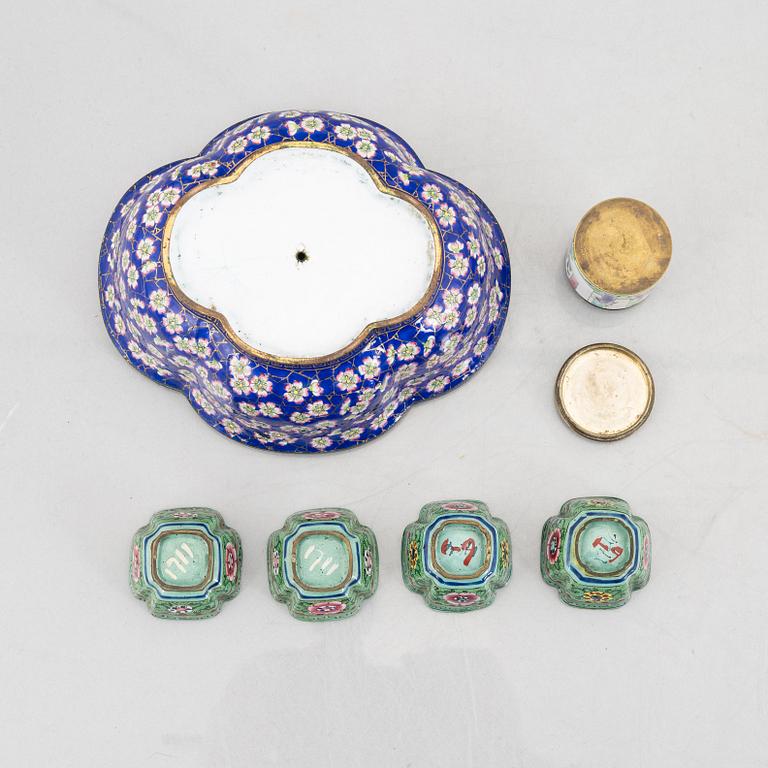 A group of Chinese enamels, including a flower pot, a box and four cups, Qing dynasty, 18th and 19th century.