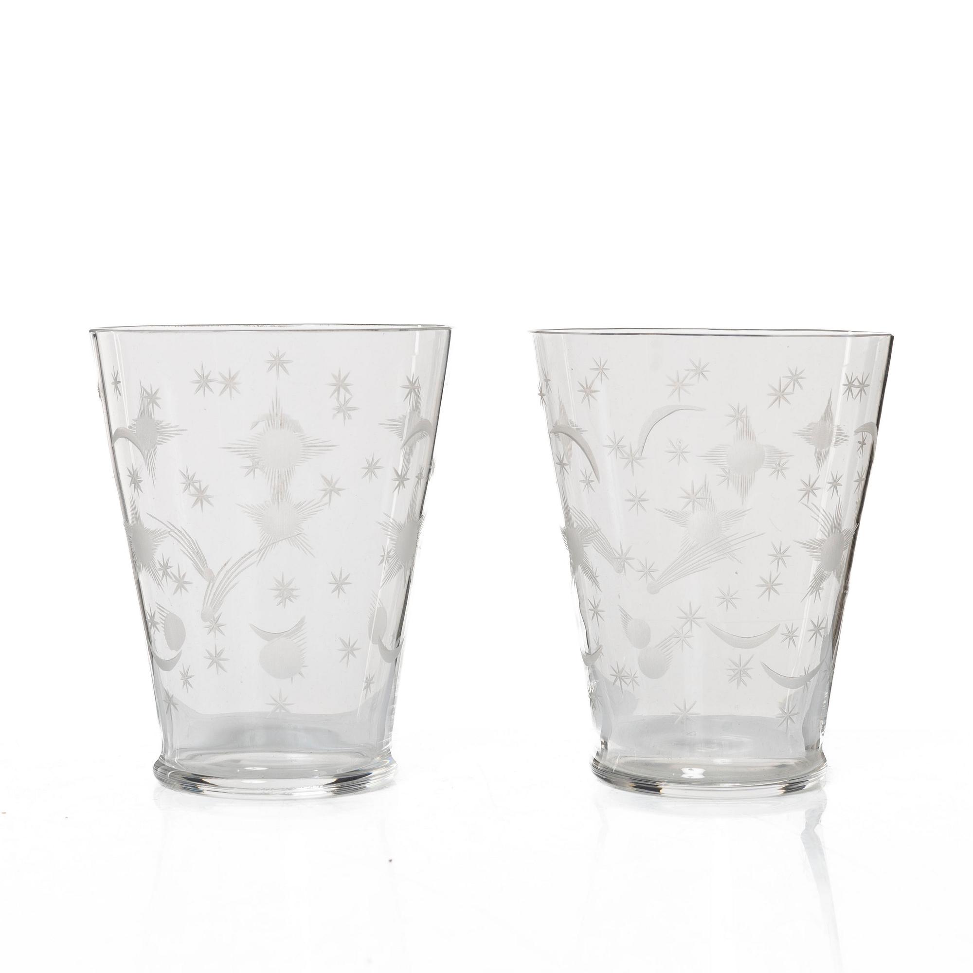 Edward Hald, a set of 23 seltzer glasses, 'Stjärnhimmelsmönstret', Orrefors, 1920s.