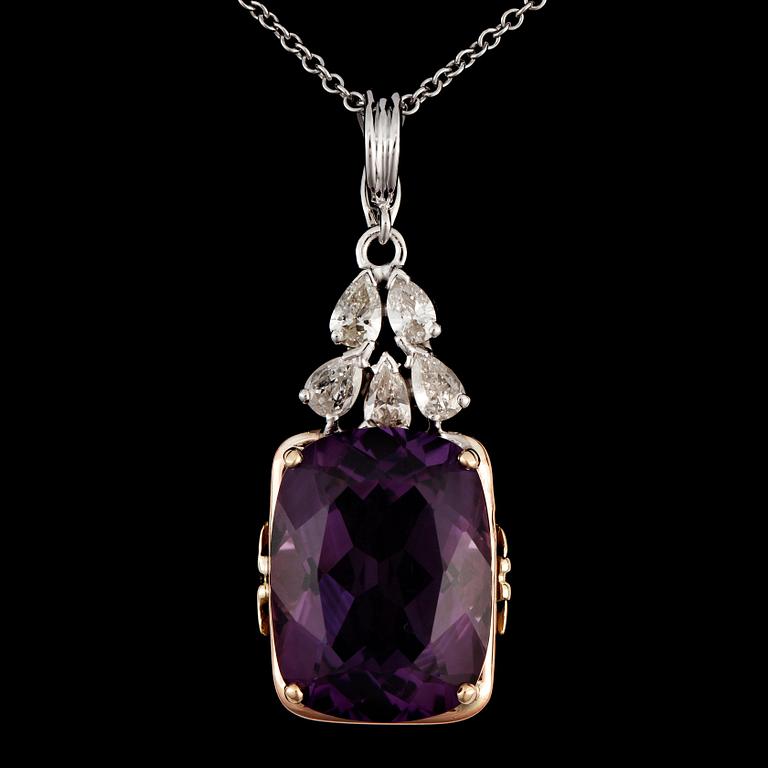 An amethyst and diamond pendant, with chain. Amethyst 18.00 cts. Diamonds 1.00 ct.