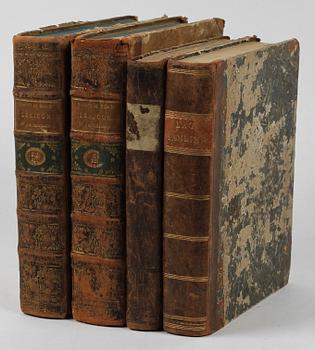 BÖCKER, 4 st, "Dictionnaire Francois suedois et suedois francois" vol I-II, av Jacob Björkegren, Stockholm 1795.