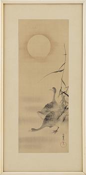 Different artists, two colour woodblock prints, one print on silk, Japan, 20th century.