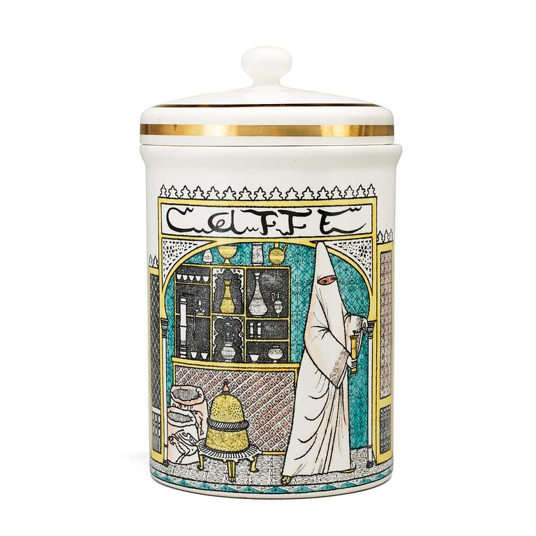 A Piero Fornasetti cream-ware lidded jar.