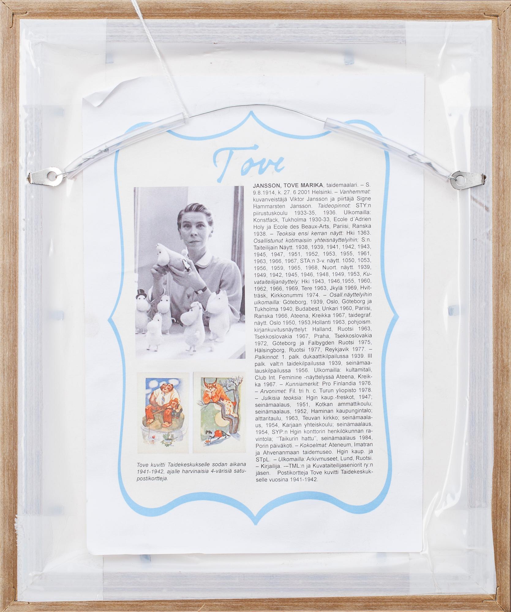 KONSTVYKORT, 5 st, efter Tove Jansson, signerade i trycket, Taidekorttikeskus, 1940-tal.