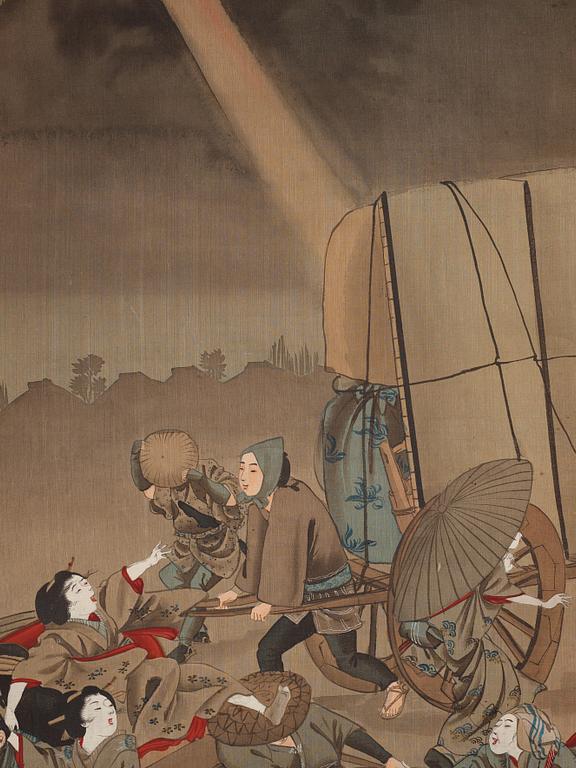 RULLMÅLNINGAR, sex stycken, tusch och färg på papper. Japan, Meiji (1868-1912).