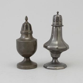 TWO 18TH CENTURY PEWTER SHAKERS.