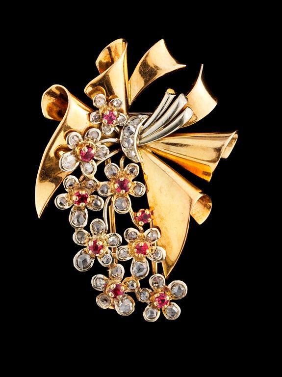 A diamond and ruby brooch, 1940's.