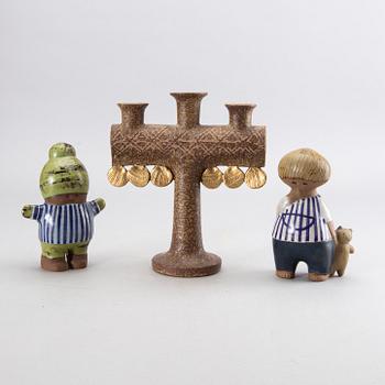 LISA LARSON, a candlestick and 2 figurines, stoneware, Gustavsberg, Sweden.