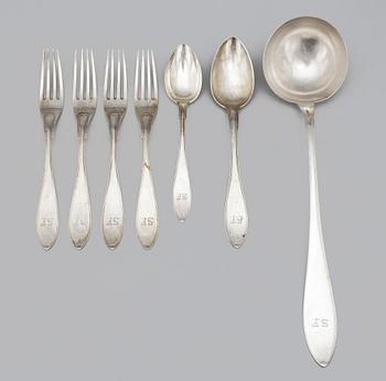 PARTI BESTICK, 7 delar, silver, A.G. Dufva, Stockholm, 1914/15. Tot ca 590 gram.