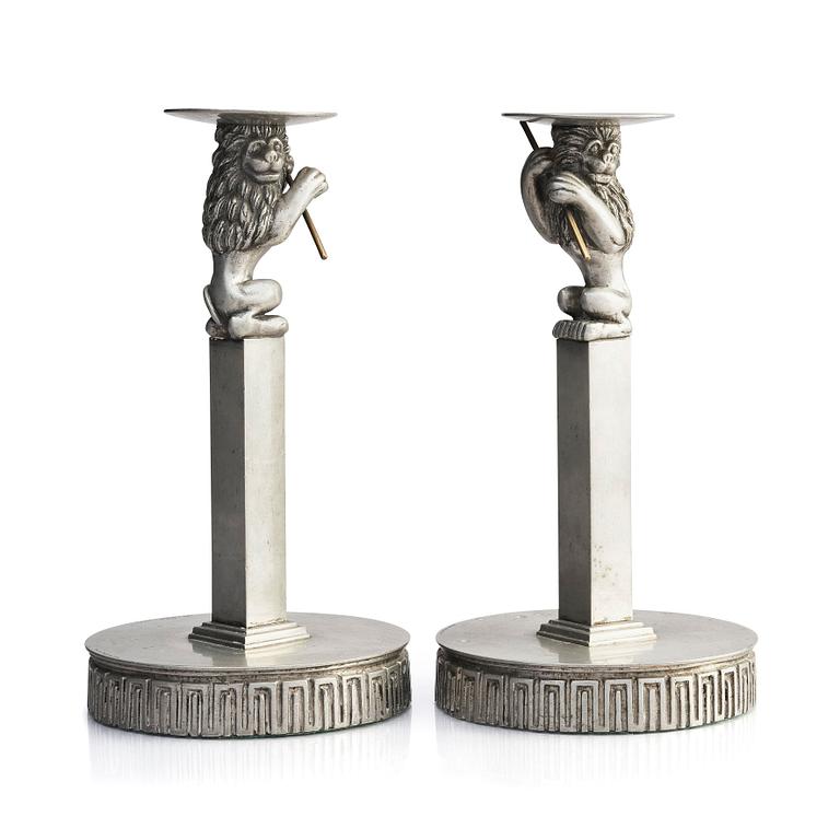 Anna Petrus, a pair of pewter and brass candlesticks, Herman Bergman's foundry, Stockholm, Swedish Grace, early 1920s.