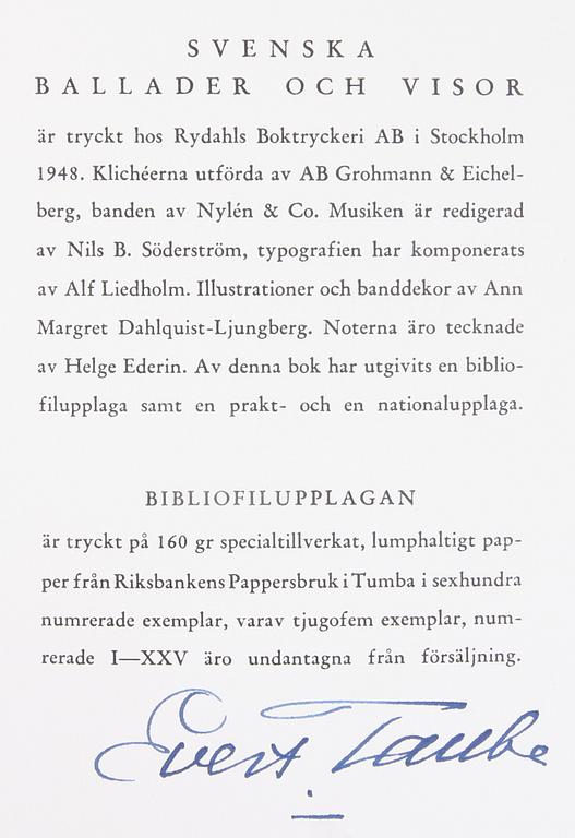 BIBLIOGRAFI, Evert Taube, sign o numr.