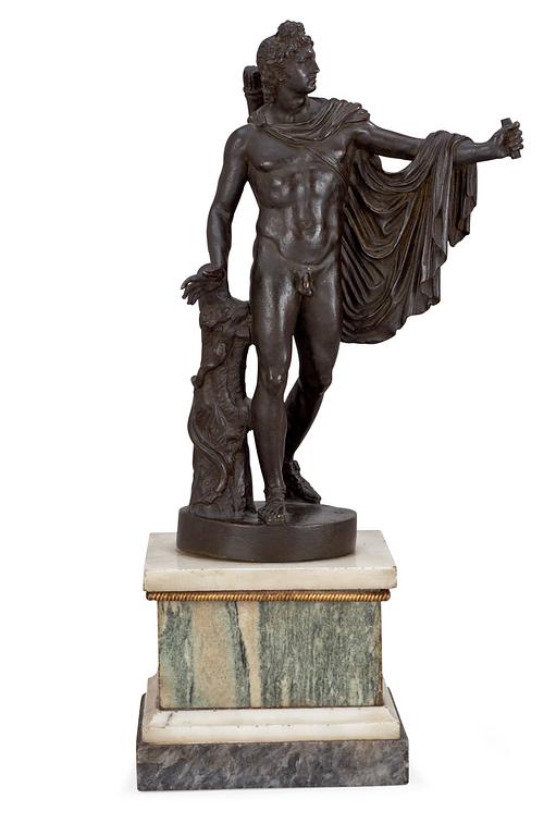 A bronze figure of the Apollo Belvedere on marble base, Rome late 18th century.