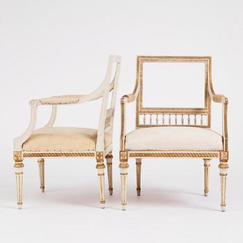 A pair of Gustavian open armchairs by J. Lindgren (master in Stockholm 1770-1800).