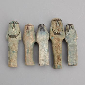 USHEBTI, 5 st, fajans, Egypten, troligen forntida och Tredje Mellanperioden 1070-713 f Kr.