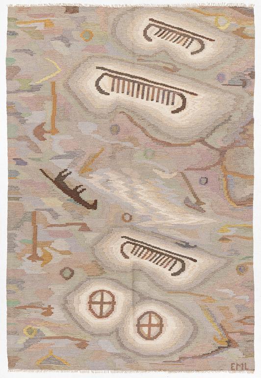 Edvin & Magnhild Lundsten, a carpet, 'Hällristningar' ('Petroglyph'), flat weave, c. 280 x 192 signed EML.