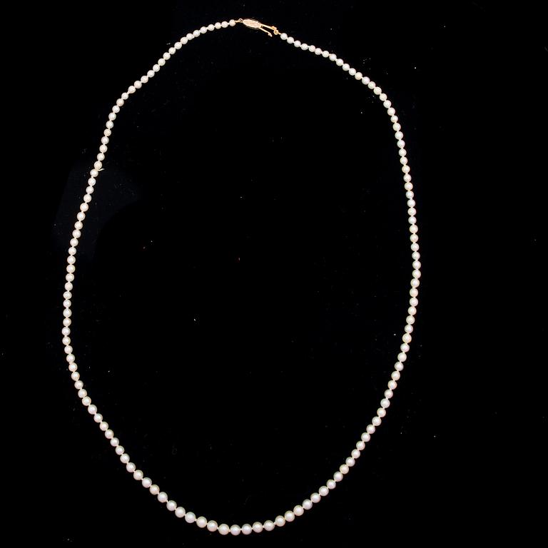 PÄRLCOLLIER, graderat, förgyllt silverlås. 1900-talets mitt.