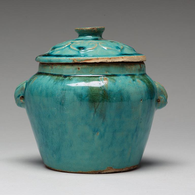 A turquoise glazed jar with cover, South China, presumably late Ming dynasty.