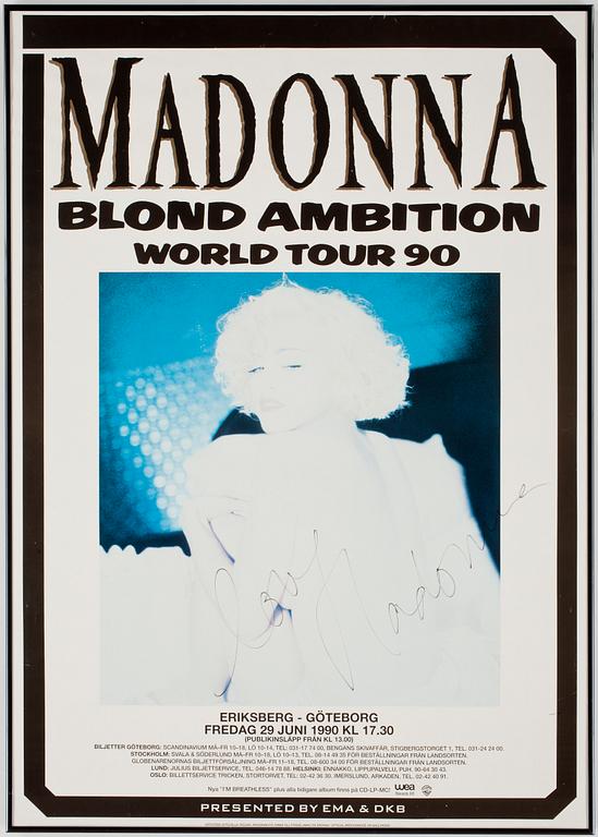 AFFISCH MED AUTOGRAF, "MADONNA BLOND AMBITION WORLD TOUR 90", egenhändigt signerat av artisten Madonna, 1990.