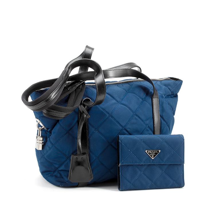 PRADA, a blue nylon and black leather shoulder bag and a wallet.