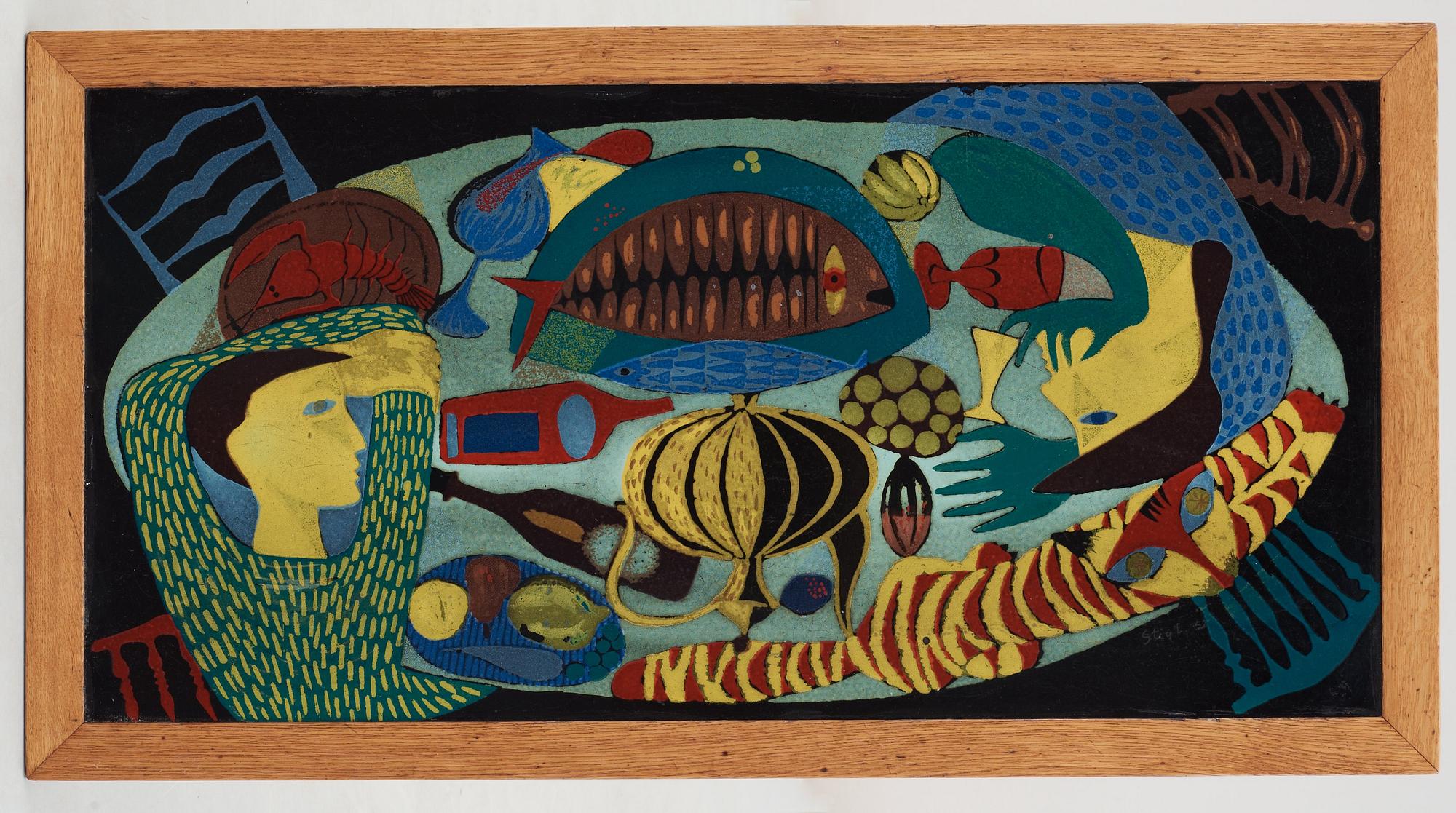 A Stig Lindberg and David Rosén enamel and oak sofa table, Gustavsberg and Nordiska Kompaniet, Sweden 1950's.