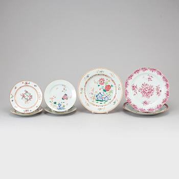 Three famille rose export porcelain plates and four dishes, Qing dynasty, Qianlong (1736-95).