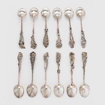 Kaffeskedar, 12 st, silver, "Svenska Floran", 1970-tal.