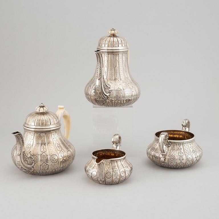 An English 19th century silver coffee- and tea- service, mark of Robert Garrard I, London 1857-1859.