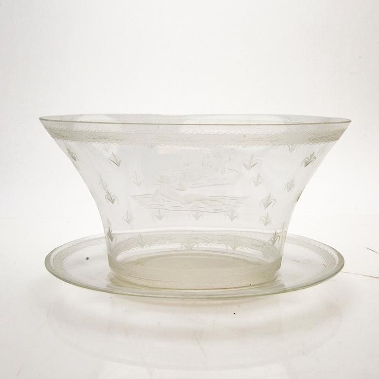Edward Hald, Bowl with saucer, glass, Orrefors, 1920s.