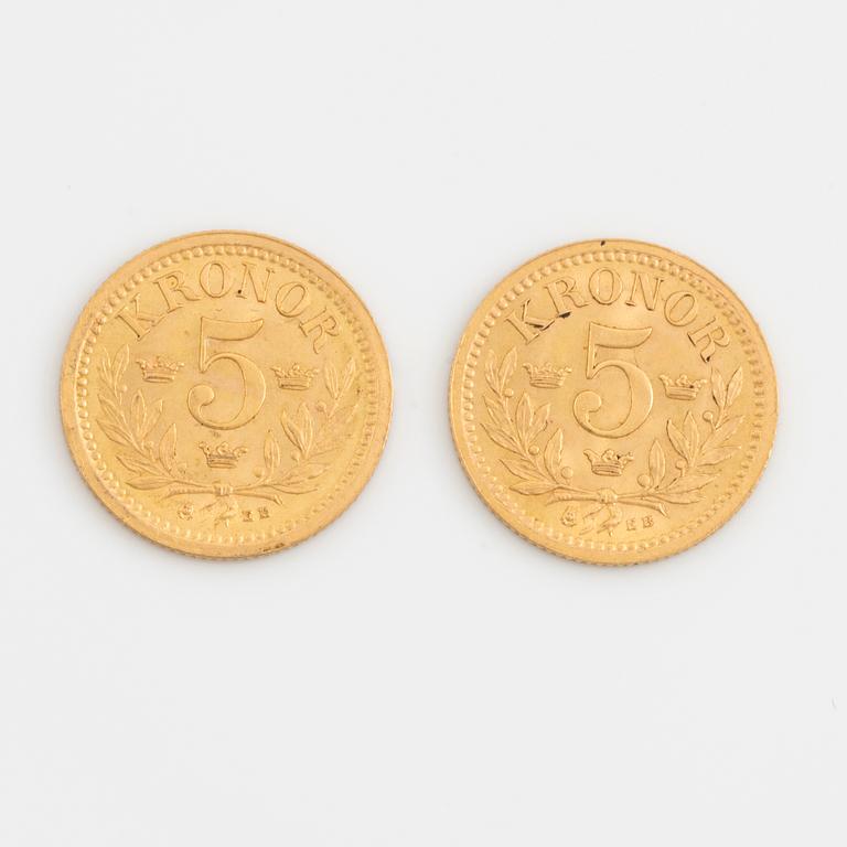 Oscar II, gold coins 2 pcs, 5 kronor 1899 and 1901.