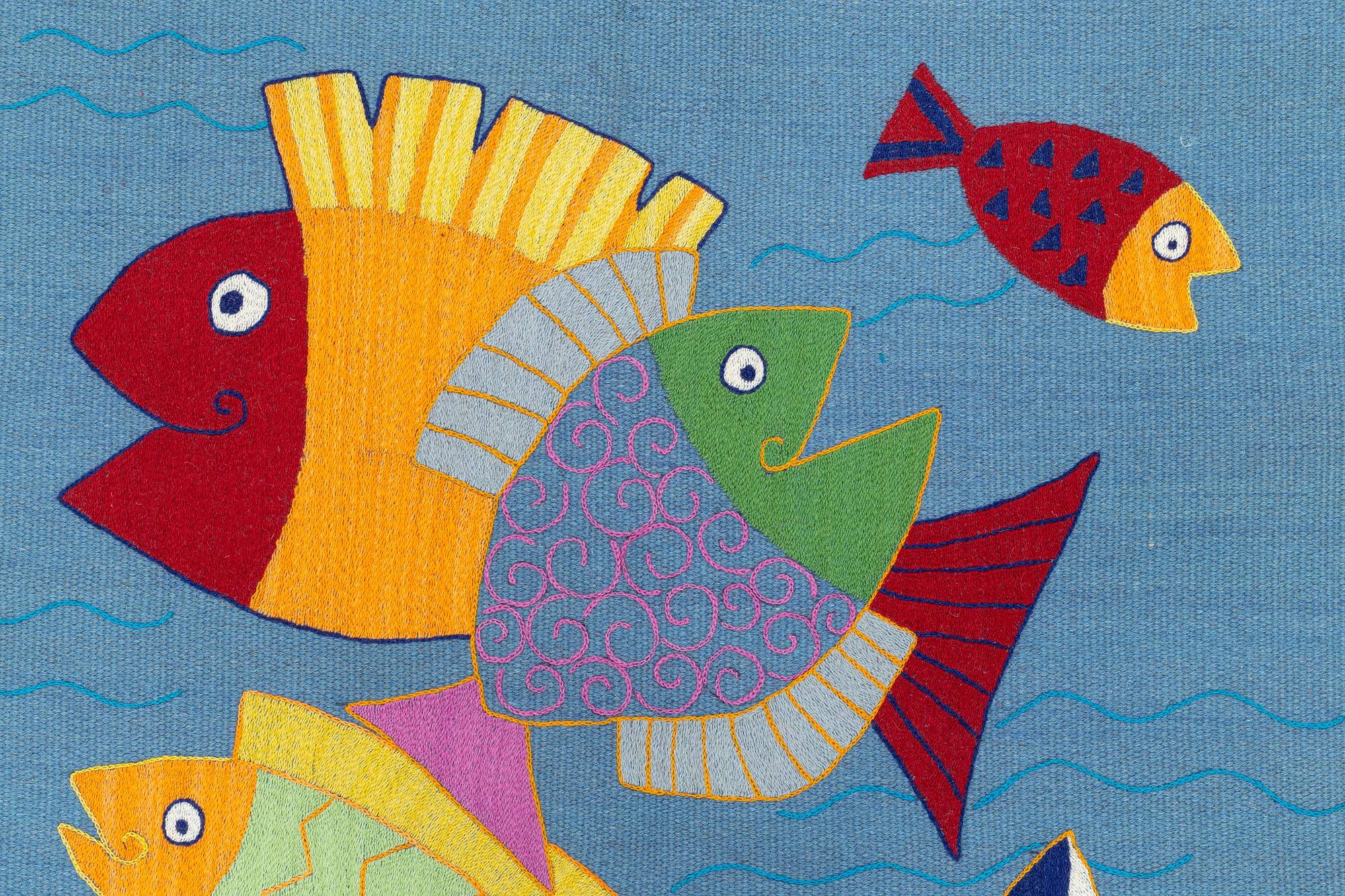 Matta, kelim, handbroderad, blå botten, ca 184 x 113 cm.