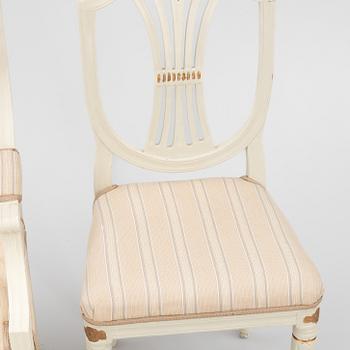 A pair of Gustavian chair and an armchair, Sweden, 19th century.