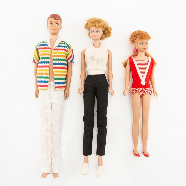 Midge, Skipper, and Allan, 3 vintage dolls "Allan" Mattel, 1960s. Barbie/Midge wardrobe in white.
