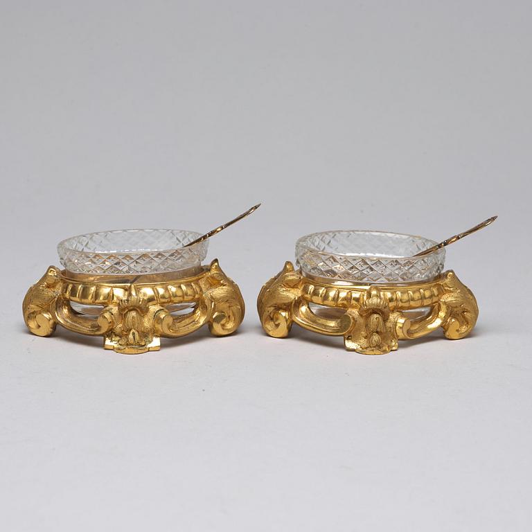 A pair of Swedish Neorococo salts with gilt spoons dated 1851.