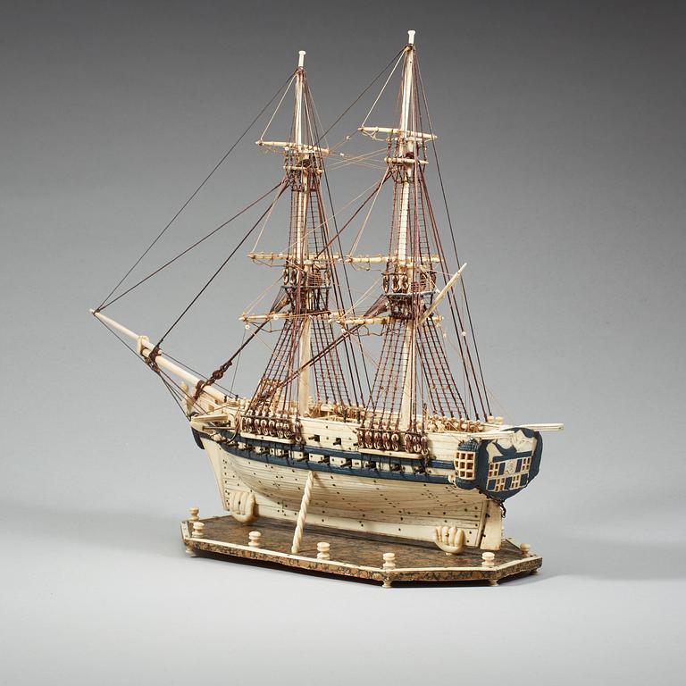 An Anglo-French early 19th century carved bone "Prisoner of War" 40 gun ship model.