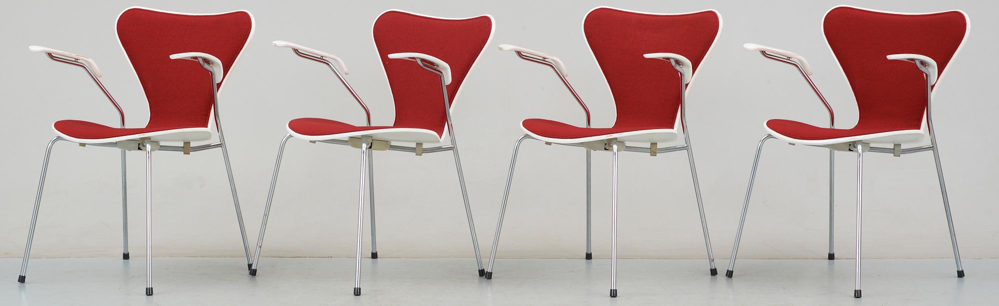 KARMSTOLAR, 4 st, "Sjuan", Arne Jacobsen, Fritz Hansen, formgiven 1955.