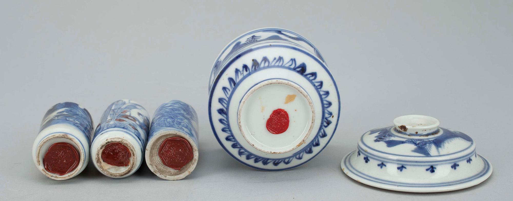 KANNELLINEN KUPPI ja NUUSKAPULLOJA, 3 kpl, posliinia, Kiina, Qing-dynastia 1800-luku.