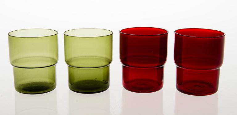 SAARA HOPEA, GLASSWARE SET IN BASKET, jug and 4 drinking glasses, Nuutajärvi. Designed 1952.