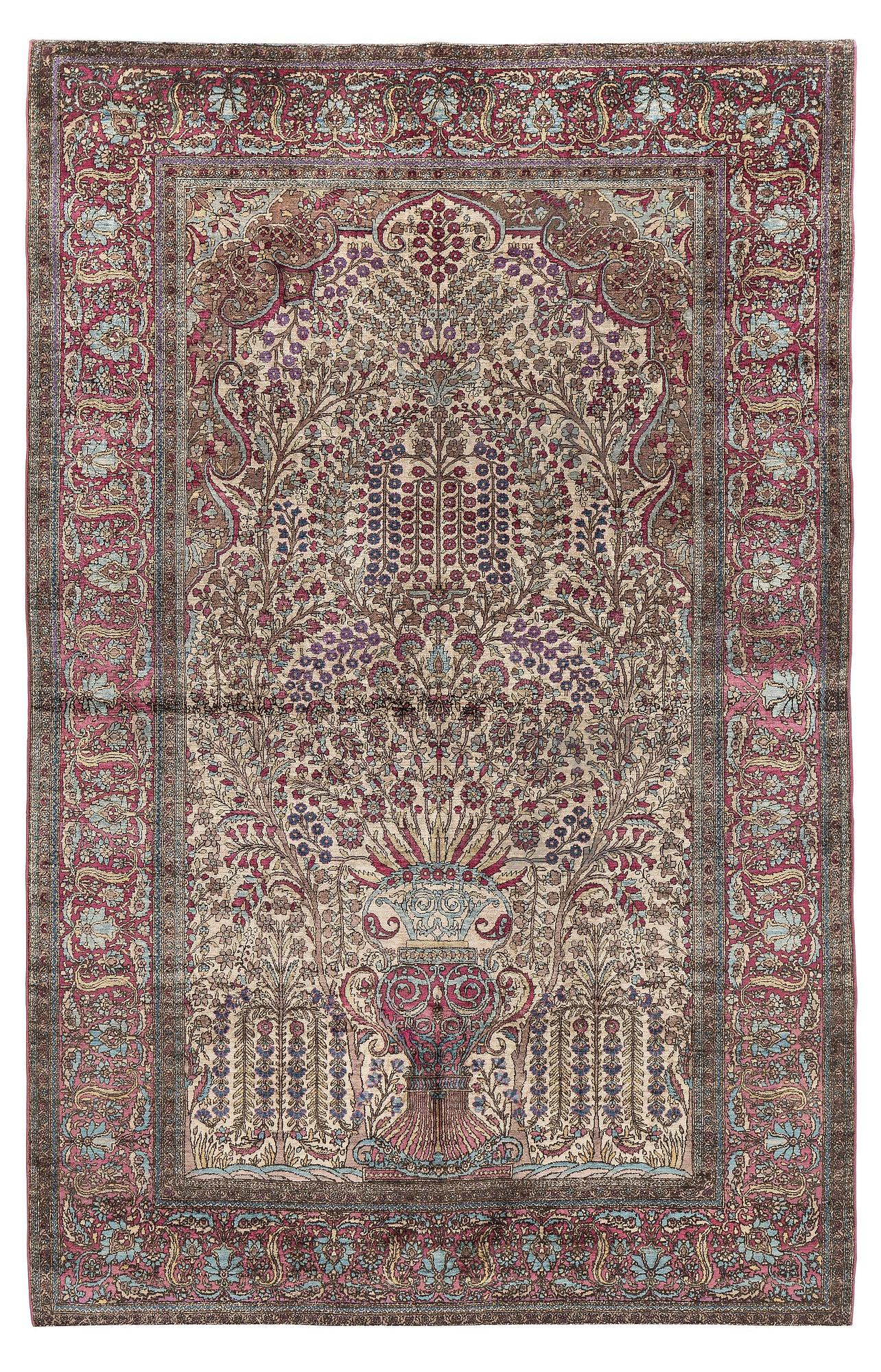 An antique silk Kashan 'Mohtasham' prayer rug, Central Persia (Iran), c. 209 x 135 cm.