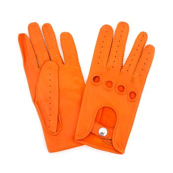 HERMÈS, a pair of orange lambskin leather gloves.